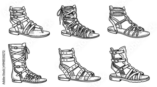 gladiator sandals, Hand-drawn outline doodle sketches vector set collection , white background , PNG and SVG isolate