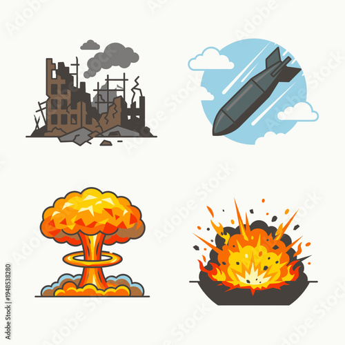 Vector graphic set illustrating devastating aspects of war ruined building, aerial bomb, nuclear blast, ground explosion. Iconic symbols of conflict and destruction