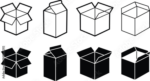 Outline and Solid Silhouettes of Open and Closed Boxes and Cartons package packaging