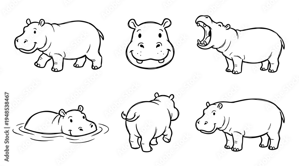 Fototapeta premium hippo, Hand-drawn outline doodle sketches vector set collection , white background , PNG and SVG isolate