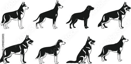 Dog breed silhouettes collection featuring German Shepherd and Labrador standing sitting and alert poses isolated vector illustration for pet animal design