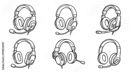 headset, Hand-drawn outline doodle sketches vector set collection , white background , PNG and SVG isolate