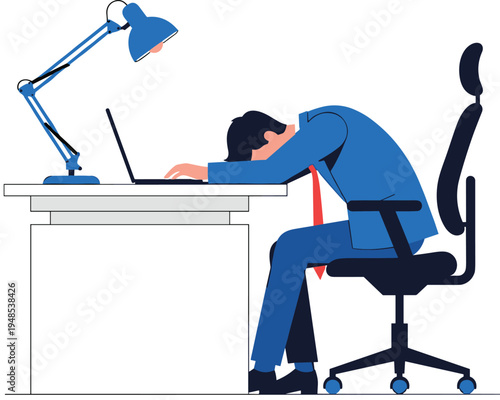 Exhausted businessman sleeping on desk with laptop at office workplace vector illustration overworked employee stress fatigue corporate burnout concept