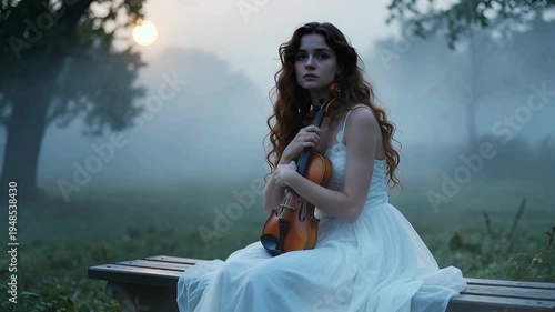 Sad Girl on Bench with Violin 4K Loop features an A.I. generated video of a beautiful young woman with a sad expression on her face and holding a violin with mist swirling around her in a loop.