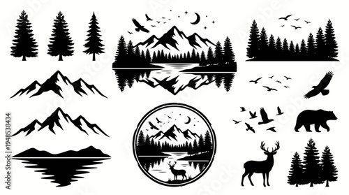 Black woodland nature set with pine trees mountains and lake scenes