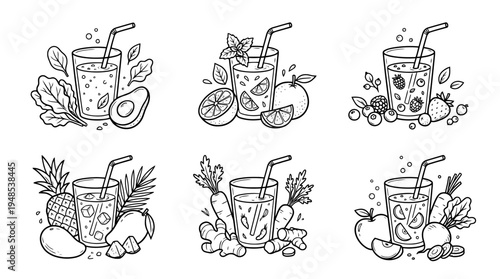 healthy juice, Hand-drawn outline doodle sketches vector set collection , white background , PNG and SVG isolate