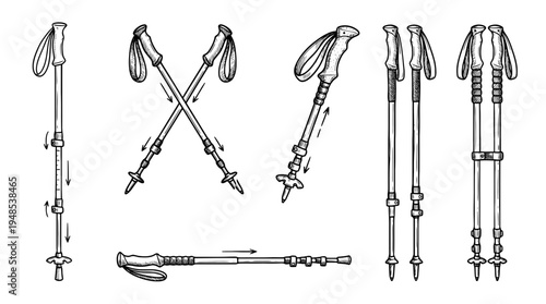 hiking pole, Hand-drawn outline doodle sketches vector set collection , white background , PNG and SVG isolate