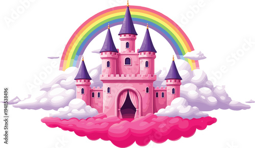 Fantasy pink fairytale castle on fluffy clouds with rainbow magical princess palace vector illustration dreamy storybook kingdom isolated background