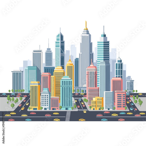 Modern Cityscape Illustration: Tall Buildings, Busy Streets, Cars, and Trees