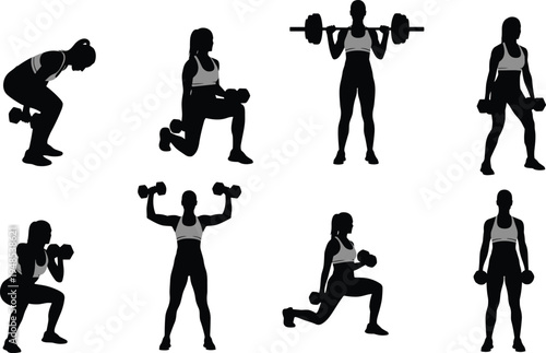 Female fitness workout silhouettes collection showing women performing dumbbell and barbell strength training exercises isolated vector illustration for gym sport concept