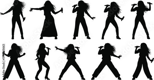 Female singer silhouettes performing with microphone, woman vocalist concert poses, music performance collection, energetic pop star stage performance vector set isolated