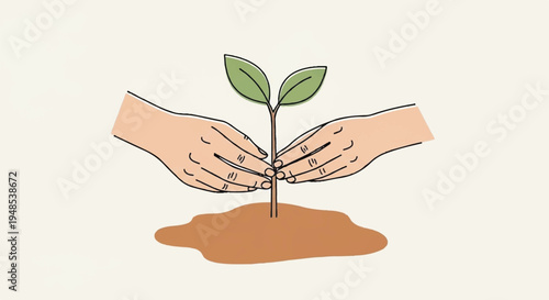 Person's hands planting a small green plant in brown soil outdoors