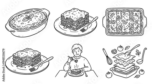 lasagna, Hand-drawn outline doodle sketches vector set collection , white background , PNG and SVG isolate