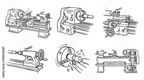 lathe machine, Hand-drawn outline doodle sketches vector set collection , white background , PNG and SVG isolate