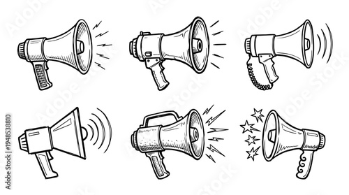 megaphone, Hand-drawn outline doodle sketches vector set collection , white background , PNG and SVG isolate
