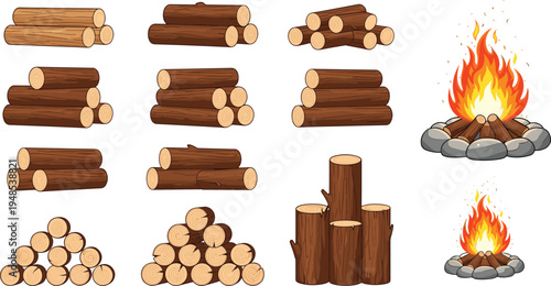Firewood log pile and campfire set vector illustration, wooden timber stacks with burning fire isolated for camping, survival, outdoor design