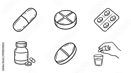 medicine pill, Hand-drawn outline doodle sketches vector set collection , white background , PNG and SVG isolate