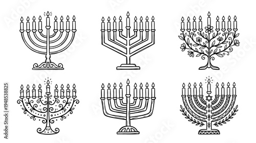 menorah, Hand-drawn outline doodle sketches vector set collection , white background , PNG and SVG isolate