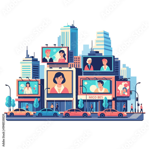 Modern Cityscape with Billboards Featuring Diverse People and Cars