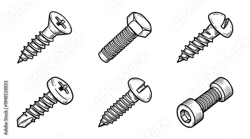 metal screw, Hand-drawn outline doodle sketches vector set collection , white background , PNG and SVG isolate