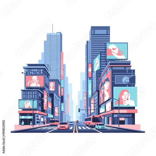 Modern Cityscape with Tall Buildings, Billboards, and Traffic