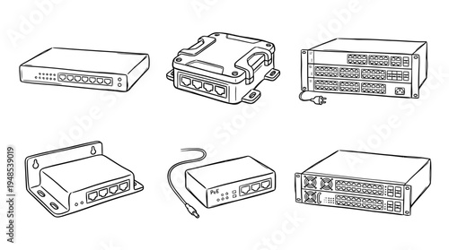 network switch, Hand-drawn outline doodle sketches vector set collection , white background , PNG and SVG isolate