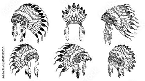 native american headdress, Hand-drawn outline doodle sketches vector set collection , white background , PNG and SVG isolate