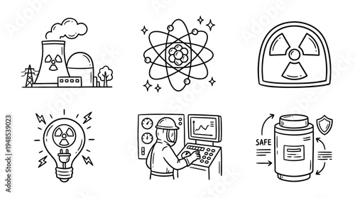 nuclear energy, Hand-drawn outline doodle sketches vector set collection , white background , PNG and SVG isolate