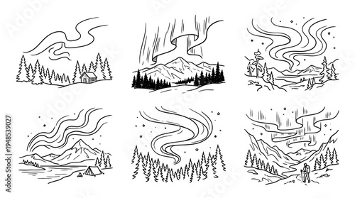 northern lights, Hand-drawn outline doodle sketches vector set collection , white background , PNG and SVG isolate