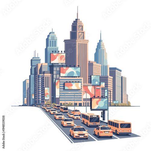 Modern Cityscape with Traffic and Billboards