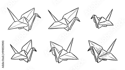 origami crane, Hand-drawn outline doodle sketches vector set collection , white background , PNG and SVG isolate
