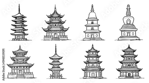 pagoda, Hand-drawn outline doodle sketches vector set collection , white background , PNG and SVG isolate