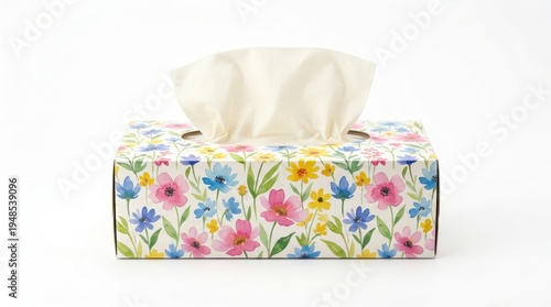 A colorful floral tissue box with a tissue sticking out on a white background