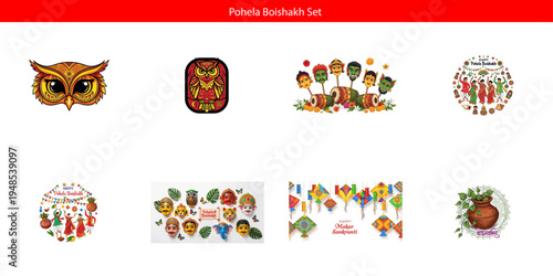 Pohela Boishakh festival illustrations, Bengali new year decorations and symbols