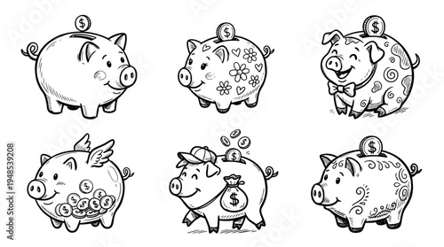 piggy bank, Hand-drawn outline doodle sketches vector set collection , white background , PNG and SVG isolate