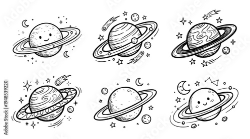 planet saturn, Hand-drawn outline doodle sketches vector set collection , white background , PNG and SVG isolate