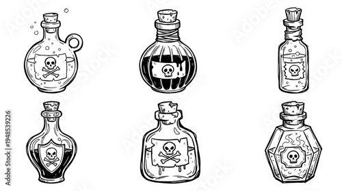 poison flask, Hand-drawn outline doodle sketches vector set collection , white background , PNG and SVG isolate