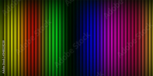 This high-quality digital illustration features a rhythmic sequence of vertical lines illuminated by a neon gradient moving from deep red and orange 