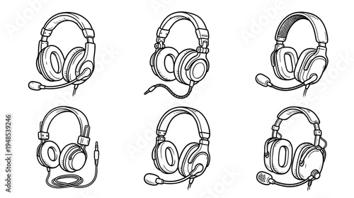 podcasting headphones, Hand-drawn outline doodle sketches vector set collection , white background , PNG and SVG isolate
