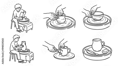 pottery wheel, Hand-drawn outline doodle sketches vector set collection , white background , PNG and SVG isolate
