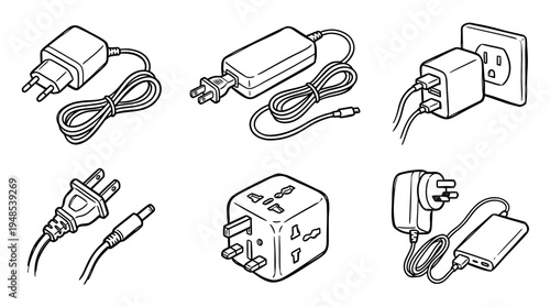 power adapter, Hand-drawn outline doodle sketches vector set collection , white background , PNG and SVG isolate