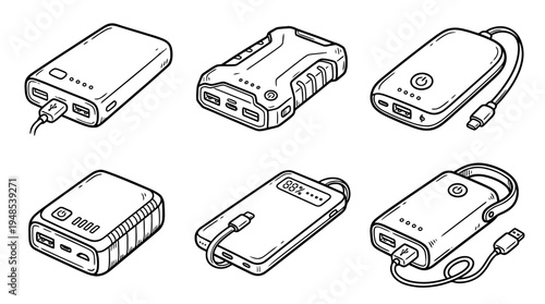 power bank, Hand-drawn outline doodle sketches vector set collection , white background , PNG and SVG isolate