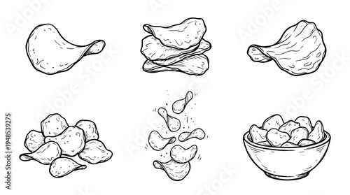 potato chips, Hand-drawn outline doodle sketches vector set collection , white background , PNG and SVG isolate