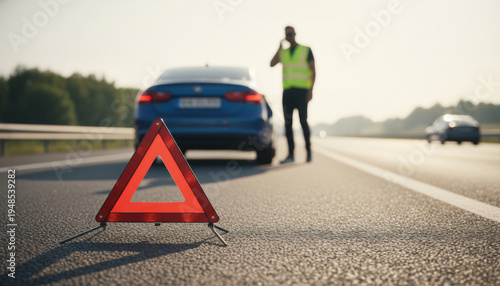 Car breakdown on highway with emergency warning triangle