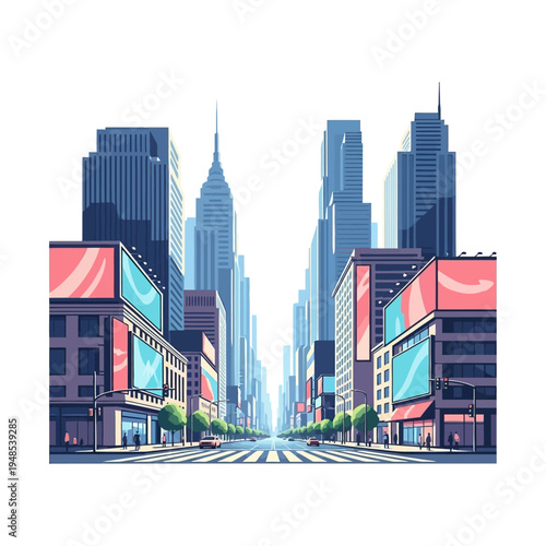 Vibrant Cityscape Illustration: Modern Skyscrapers and Billboards on a Sunny Day