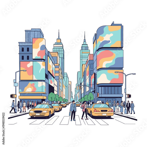 Vibrant Cityscape with Yellow Taxis and Pedestrians Crossing Street