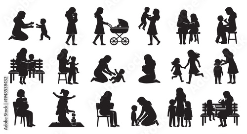 Mother and baby silhouettes set