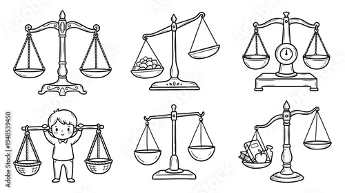 scale balance, Hand-drawn outline doodle sketches vector set collection , white background , PNG and SVG isolate