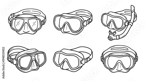 scuba diving mask, Hand-drawn outline doodle sketches vector set collection , white background , PNG and SVG isolate