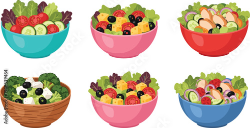 Fresh healthy salad bowls vector illustration set with vegetables cheese olives chicken colorful food collection for menu design
